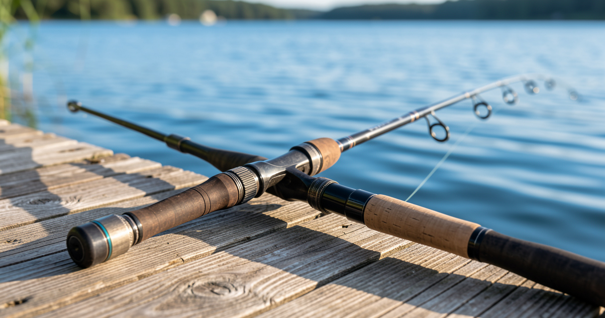 Canne spinning pour débutant posée sur un ponton au bord d'un lac, matériel de pêche débutant