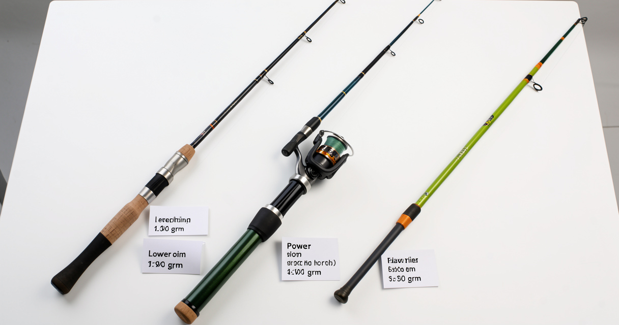 Trois cannes à pêche de types spinning, télescopique et feeder en vue de dessus pour comparer tailles et puissances