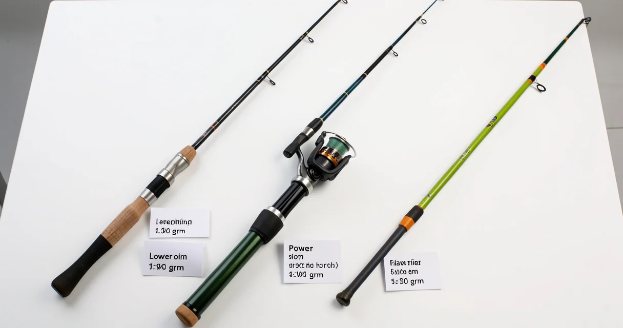 Trois cannes à pêche de types spinning, télescopique et feeder en vue de dessus pour comparer tailles et puissances