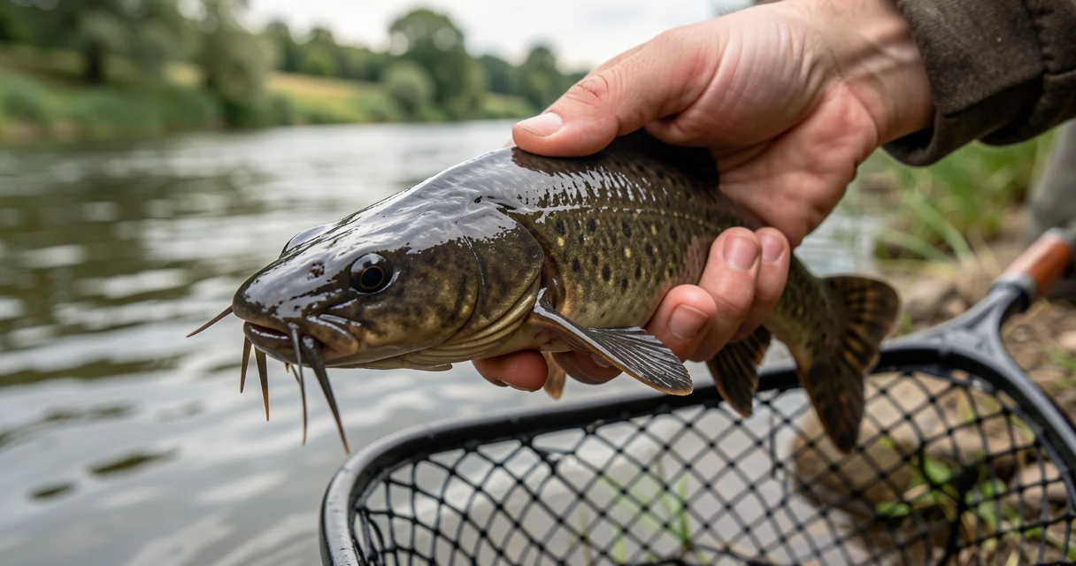 Gros plan d'un poisson-chat dans une main de pêcheur, remise à l'eau interdite
