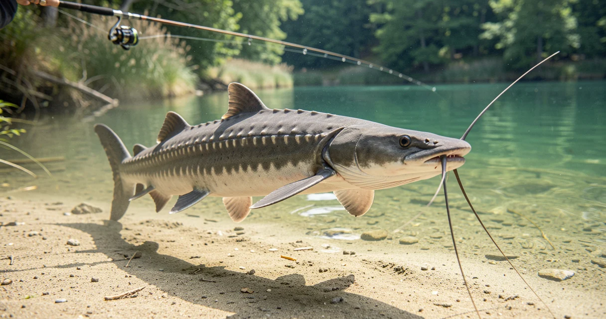 Esturgeon sibérien en carpodrome, pêche esturgeon France, eau claire