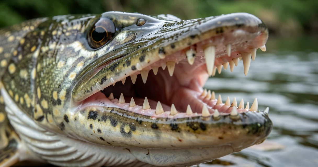 Gros plan sur les dents du brochet, mâchoire ouverte prête à saisir une proie