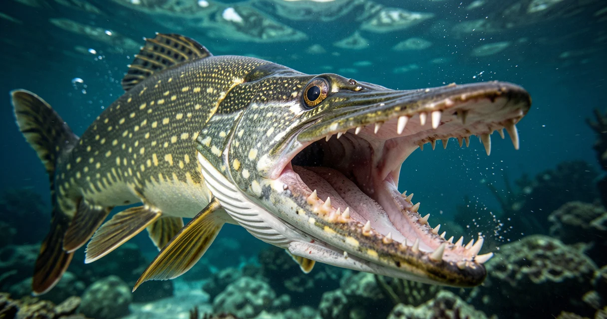 Brochet en pleine attaque montrant ses dents acérées et sa mâchoire redoutable