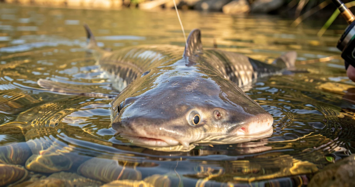 Remise à l’eau d’un silure : le poisson maintenu dans l’eau avant de repartir