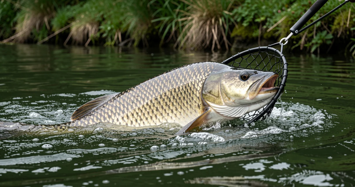 Grand silure glane relâché dans une rivière après une capture de jour