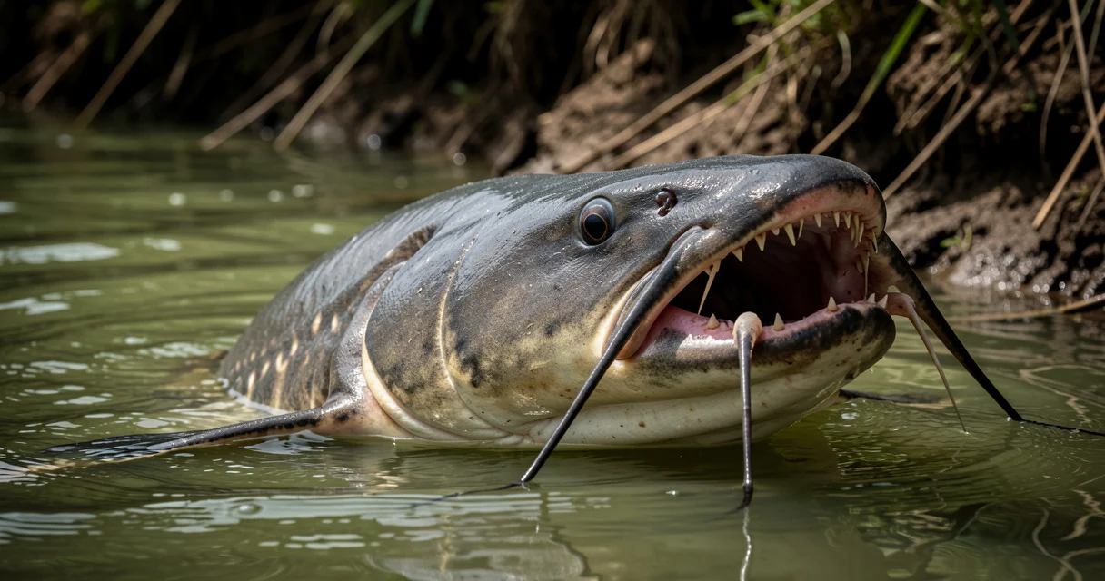 Silure géant sortant la tête de l'eau, gueule ouverte et petites dents visibles