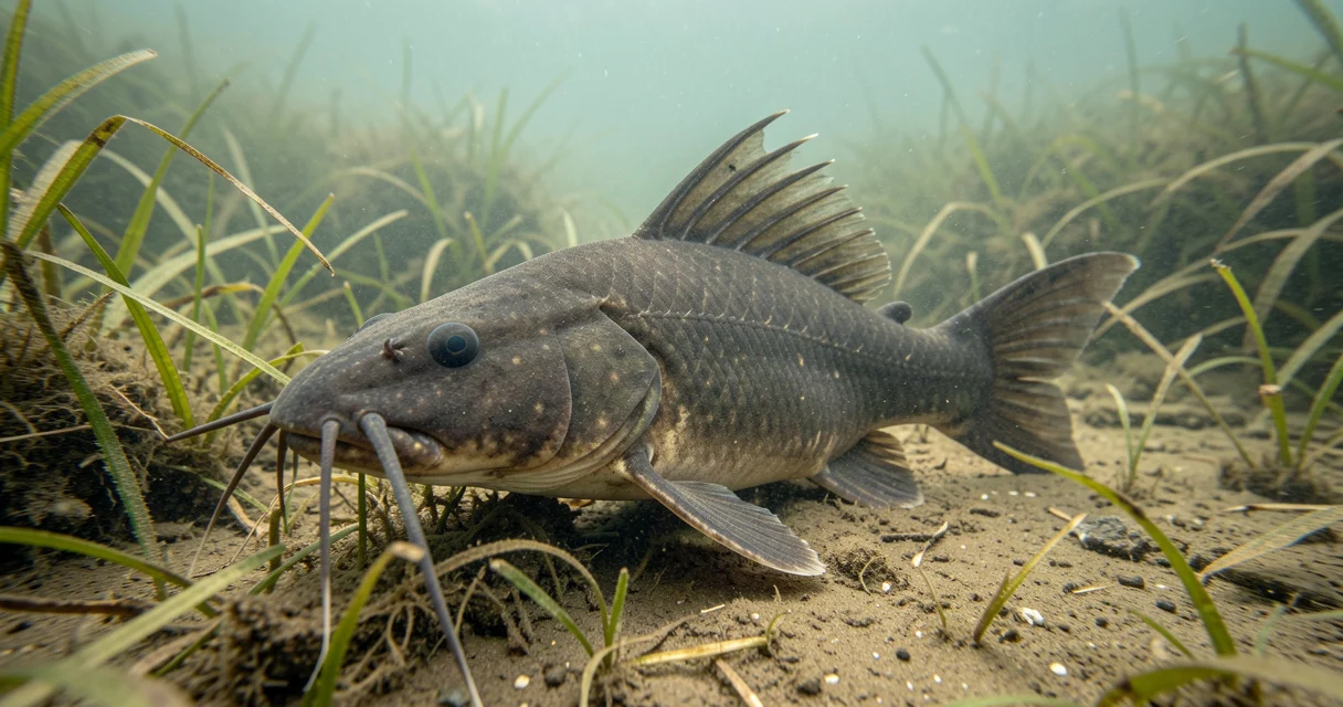 Poisson-chat nuisible aux barbillons dans une rivière d'eau douce