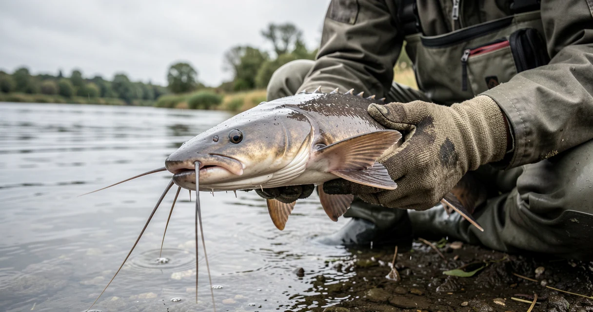 Pêcheur retirant un poisson-chat nuisible de l'eau avec gants de protection